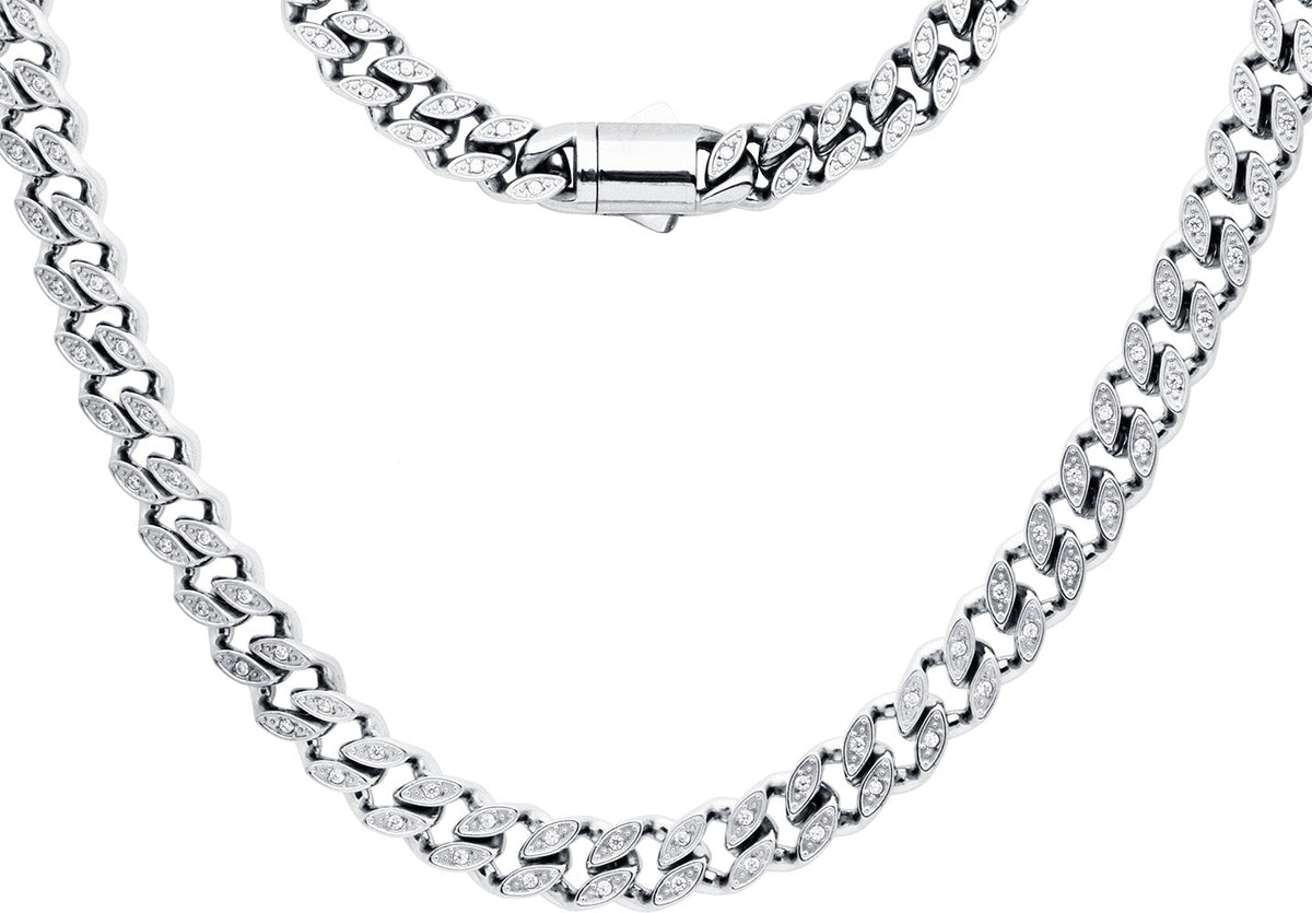 Mens 8mm Stainless Steel Cuban Link Chain Necklace With Box Clasp and Cubic Zirconia
