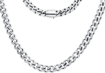 Mens 8mm Stainless Steel Cuban Link Chain Necklace With Box Clasp and Cubic Zirconia
