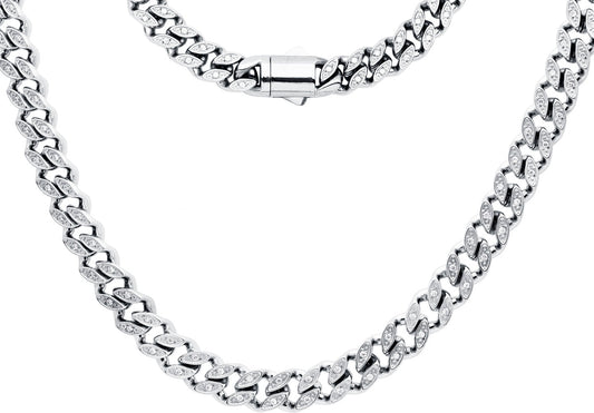 Mens 8mm Stainless Steel Cuban Link Chain Necklace With Box Clasp and Cubic Zirconia