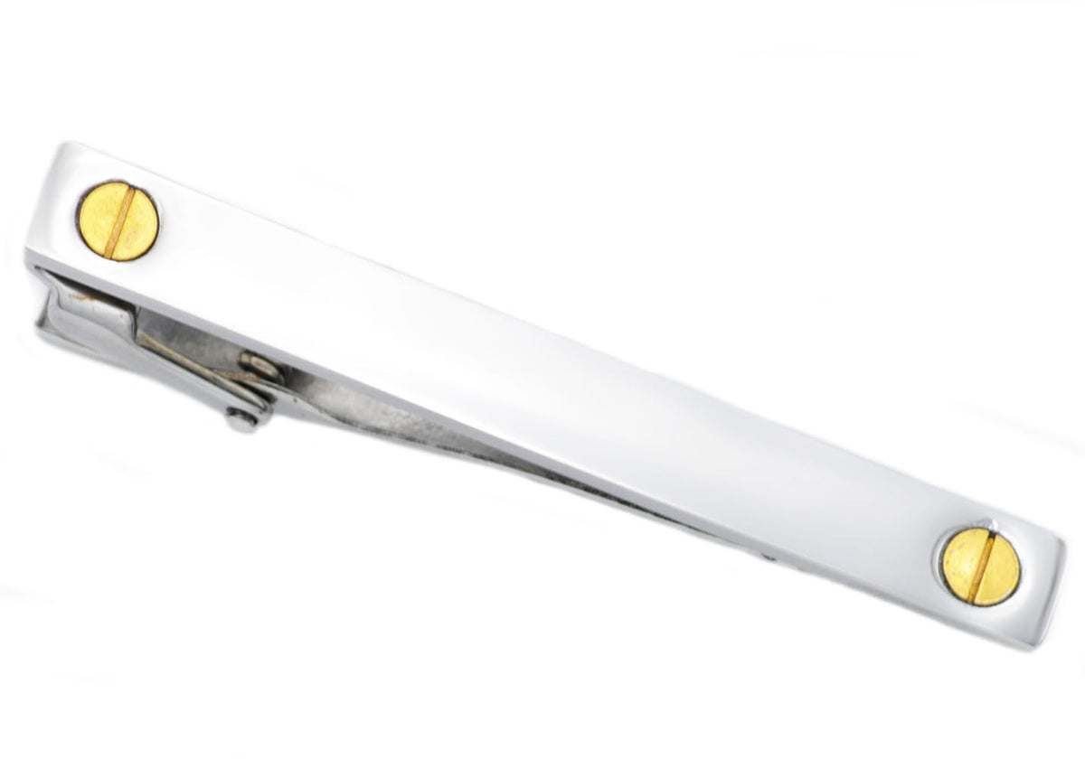 Mens Stainless Steel Tie Clip With Gold Stainless Steel Screws