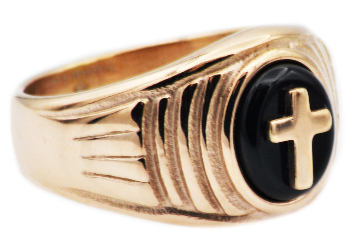 Mens Onyx And Rose Stainless Steel Cross Ring