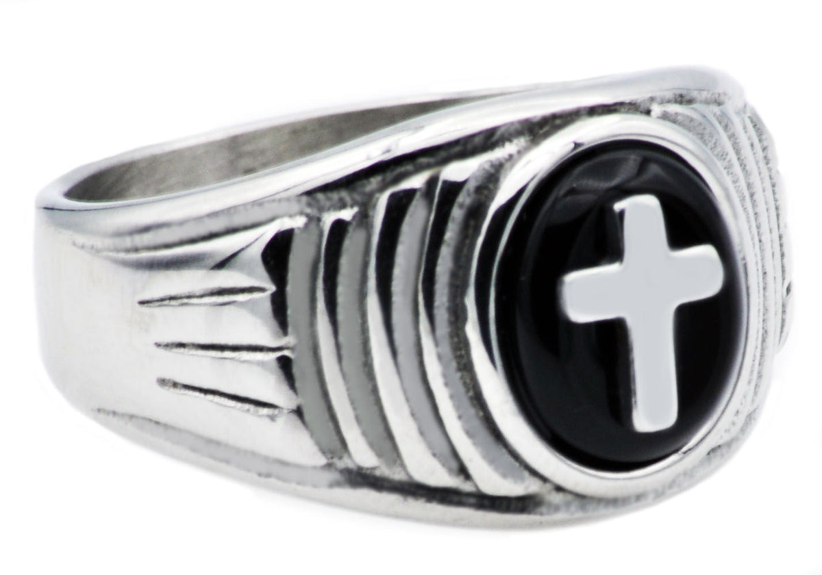 Mens Onyx And Stainless Steel Cross Ring