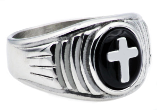 Mens Onyx And Stainless Steel Cross Ring
