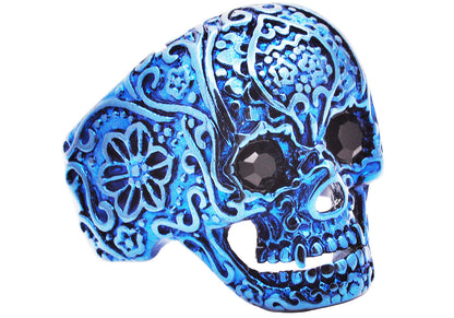 Men's Blue Stainless Steel Skull Ring With Black Cubic Zirconia