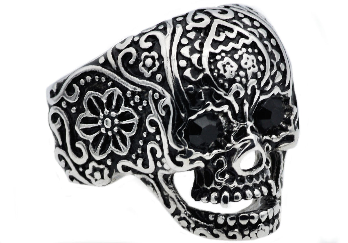Mens Black Stainless Steel Skull Ring With Black Cubic Zirconia