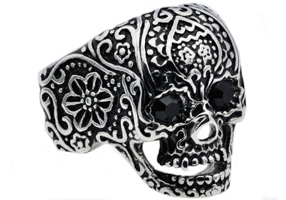 Mens Black Stainless Steel Skull Ring With Black Cubic Zirconia