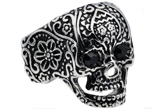 Mens Black Stainless Steel Skull Ring With Black Cubic Zirconia