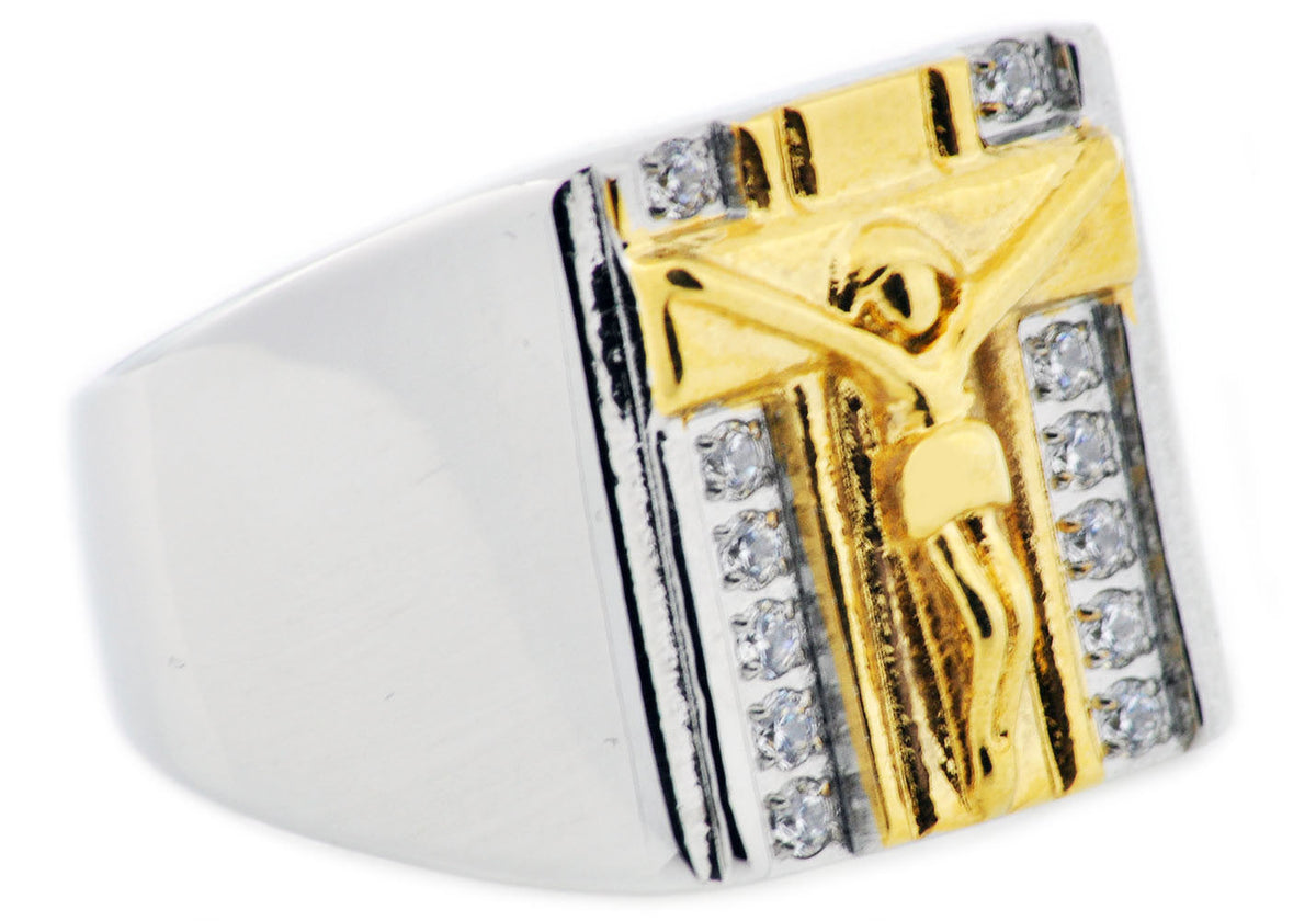 Mens Gold Stainless Steel Cross Ring With Cubic Zirconia