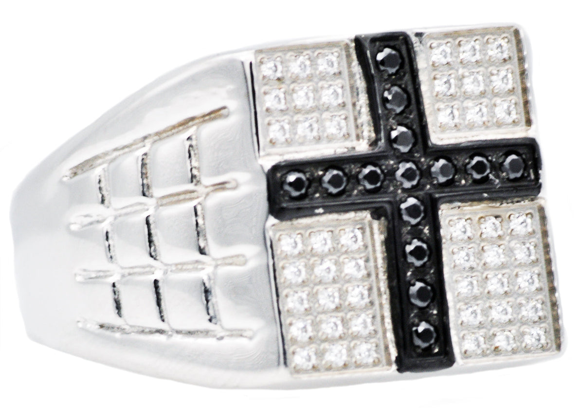 Mens Stainless Steel Cross Ring With White And Black Cubic Zirconia