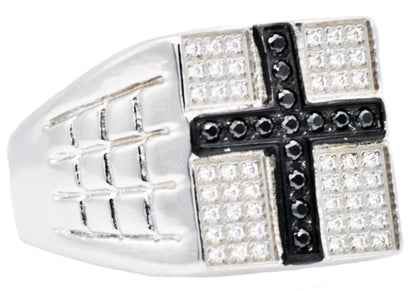 Mens Stainless Steel Cross Ring With White And Black Cubic Zirconia