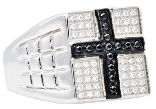 Mens Stainless Steel Cross Ring With White And Black Cubic Zirconia