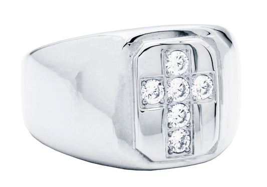 Mens Stainless Steel Cross Ring WIth Cubic Zirconia