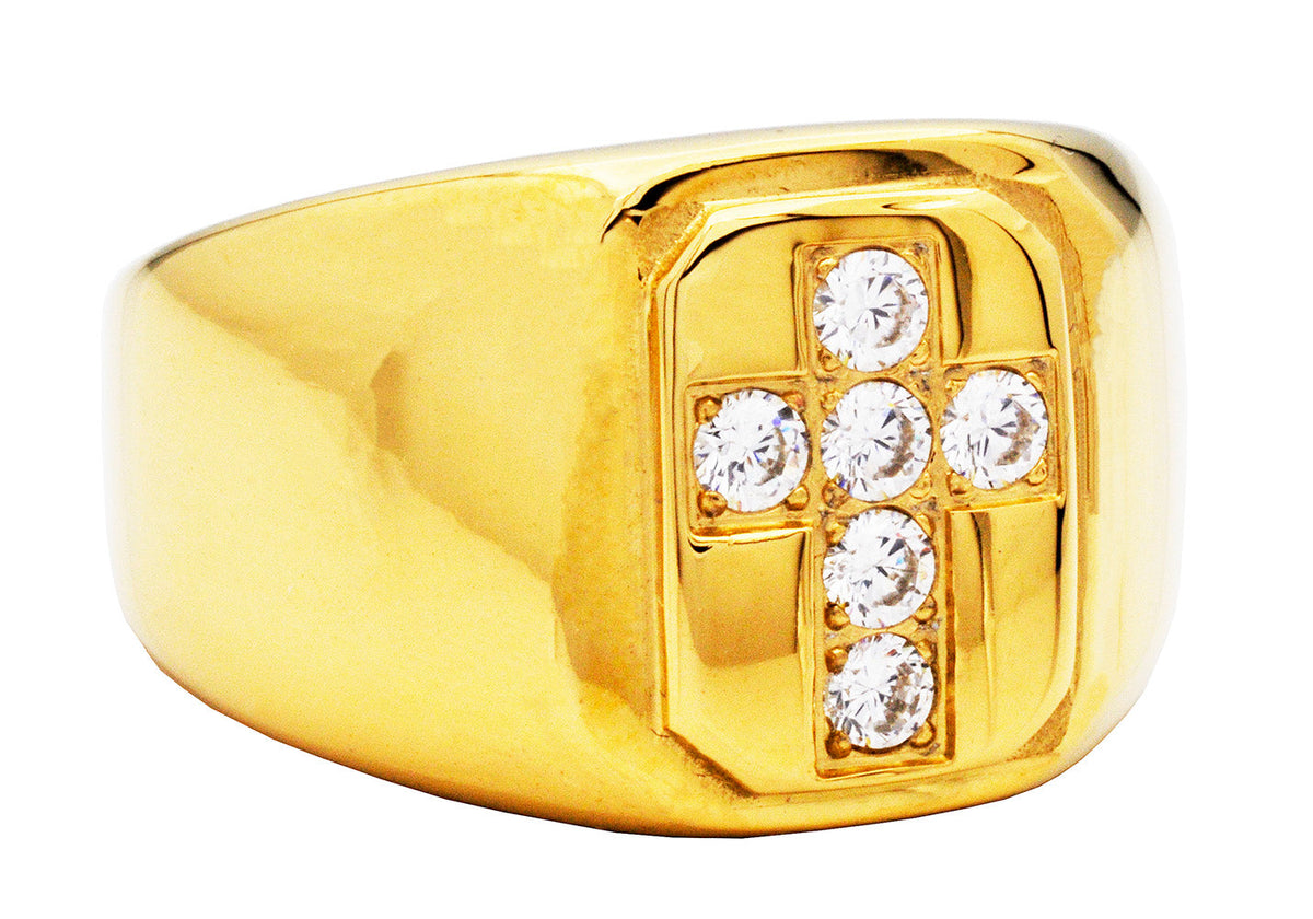 Mens Gold Plated Stainless Steel Cross Ring WIth Cubic Zirconia