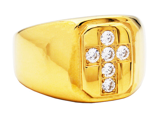 Mens Gold Plated Stainless Steel Cross Ring WIth Cubic Zirconia