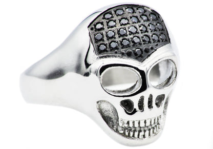 Mens Stainless Steel Skull Ring With Black Cubic Zirconia