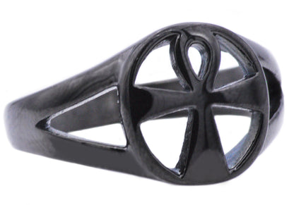 Mens Black Stainless Steel Ankh Cross Ring