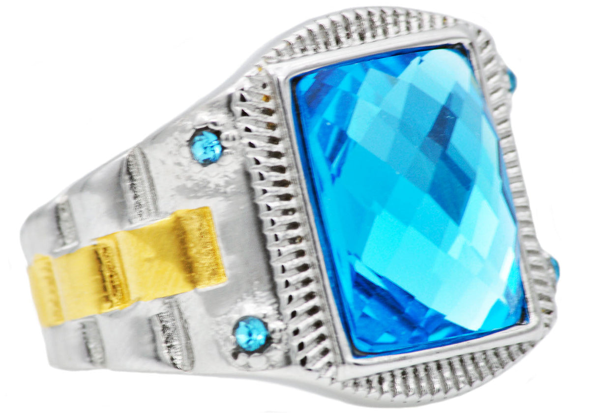 Mens Genuine Blue Swarovski Crystal And Gold Stainless Steel Ring With Blue Cubic Zirconia