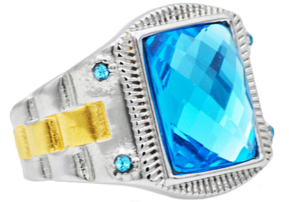 Mens Genuine Blue Swarovski Crystal And Gold Stainless Steel Ring With Blue Cubic Zirconia
