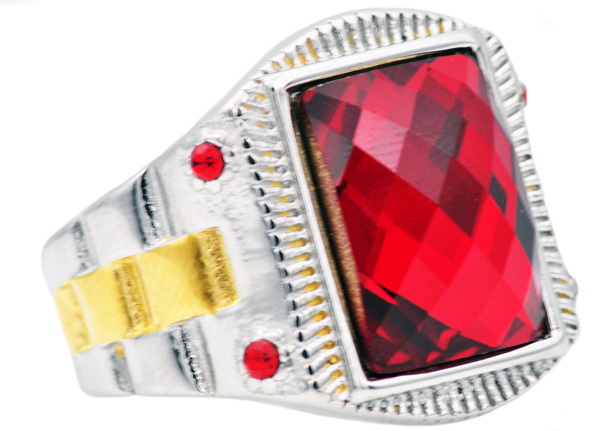 Mens Genuine Red Swarovski Crystal And Gold Stainless Steel Ring With Red Cubic Zirconia