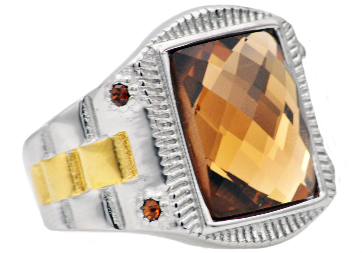 Mens Genuine Champagne Swarovski Crystal And Gold Stainless Steel Ring With Champagne Cubic Zirconia