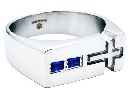 Men's Stainless Steel Sideways Cross Ring With Blue Cubic Zirconia
