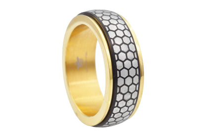 Mens Black And Gold Honey Comb Textured Stainless Steel Spinner Band