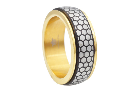 Mens Black And Gold Honey Comb Textured Stainless Steel Spinner Band
