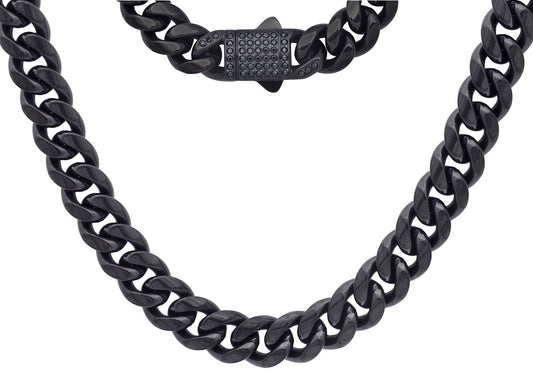 Men's 12mm Black Stainless Steel Miami Cuban Link Chain Necklace With Black CZ Box Clasp