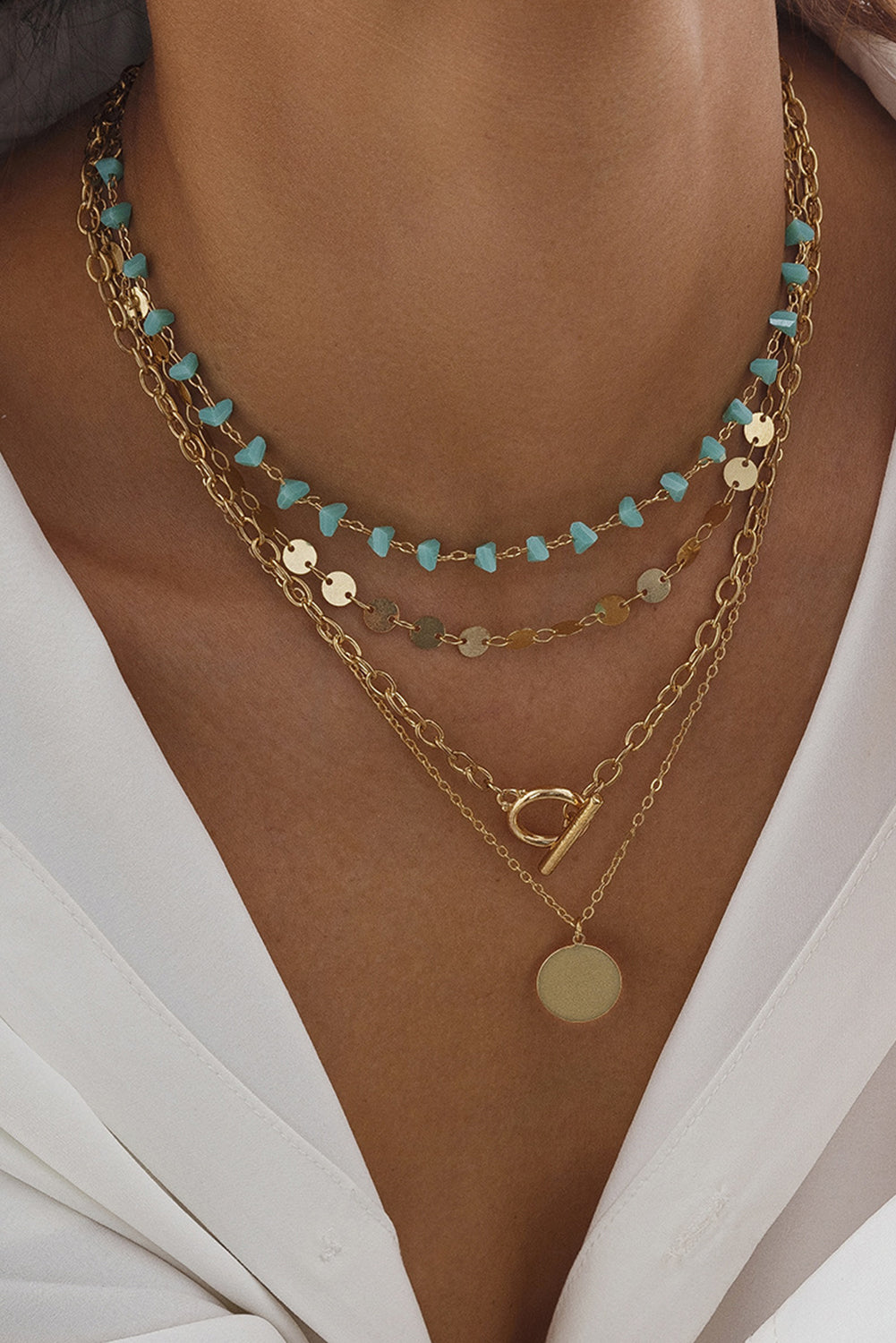 Gold Boho Circle Pendant Multi-Layered Necklace Set