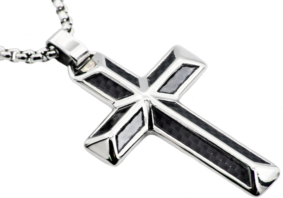 Mens Carbon Fiber Stainless Steel Cross Pendant