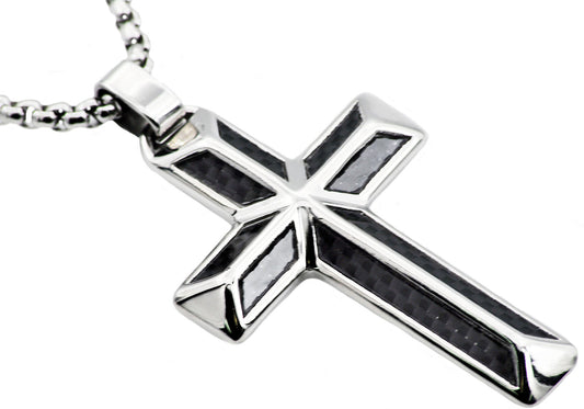 Mens Carbon Fiber Stainless Steel Cross Pendant