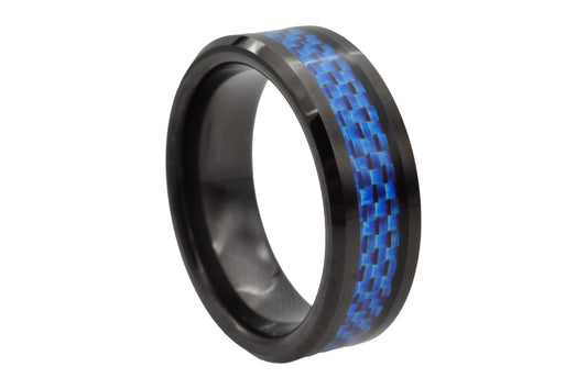 Mens Black Tungsten Band Ring With Blue Carbon Fiber