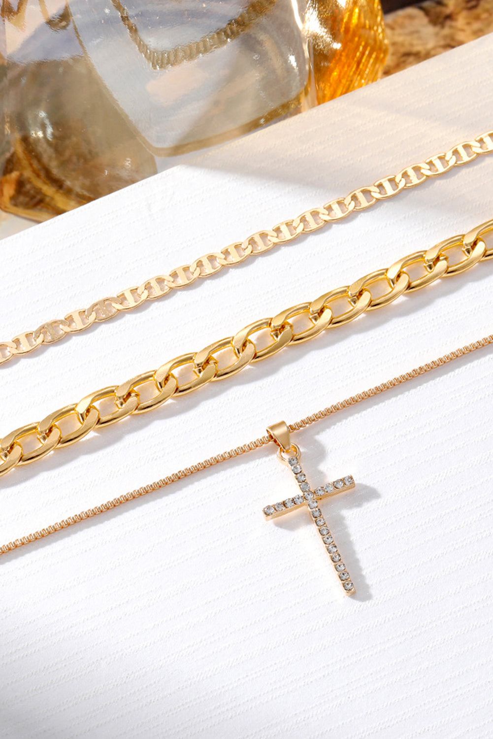 Gold Plated Cross Pendant Multi Layer Stacked Chain Necklace