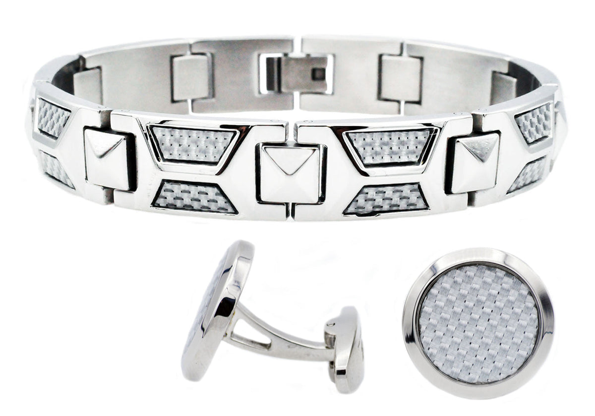 Mens Stainless Steel And White Carbon Fiber Bracelet And Cufflink Set