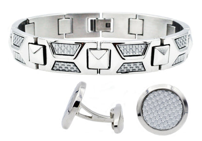 Mens Stainless Steel And White Carbon Fiber Bracelet And Cufflink Set