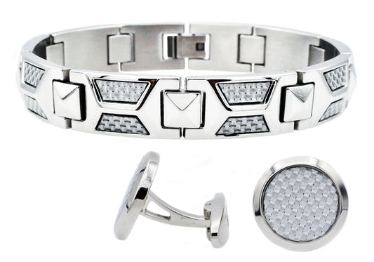 Mens Stainless Steel And White Carbon Fiber Bracelet And Cufflink Set