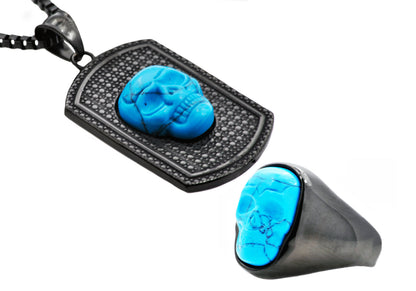 Mens Matching Dog Tag And Ring Genuine Turqoise Skull Set