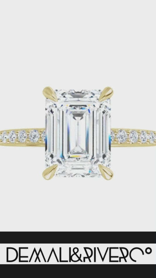 Demali&RiverCo 4 1/8 Carat Total Weight 14K Yellow Gold 3 3/4 Carat Lab Grown Emerald Cut Center Engagement Ring