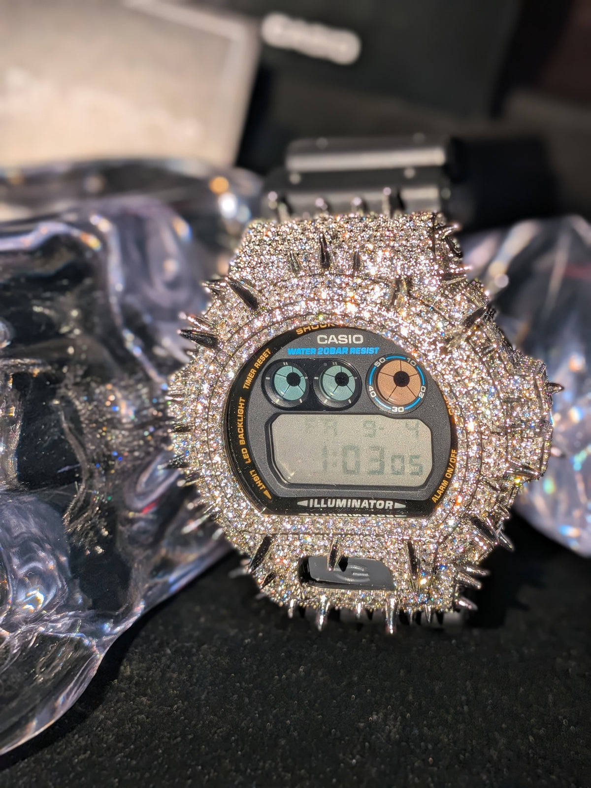 Men's Spiked Design Iced out Casio GShock Watch with Black Band