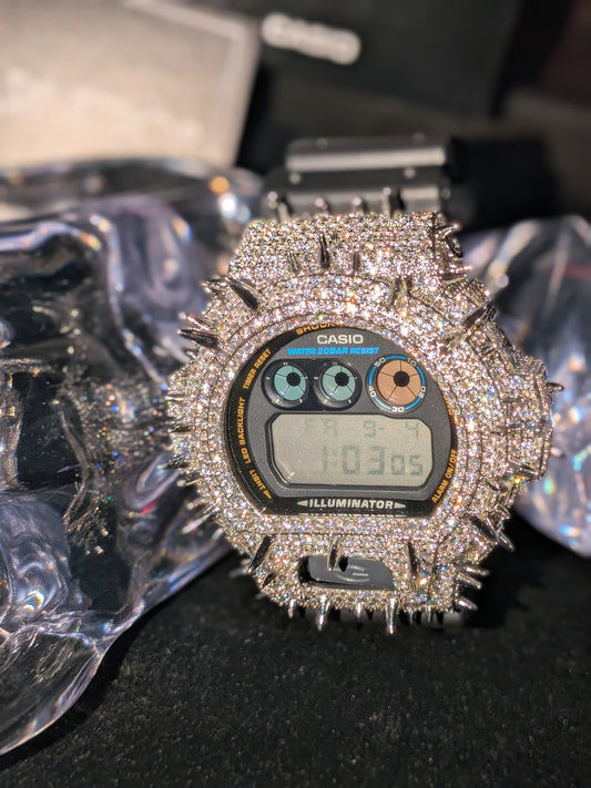 Men's Spiked Design Iced out Casio GShock Watch with Black Band