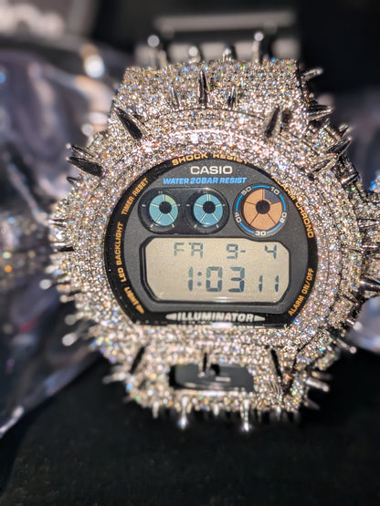 Men's Spiked Design Iced out Casio GShock Watch with Black Band