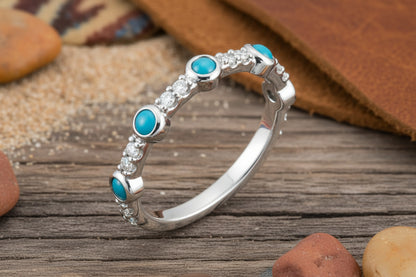 Sterling Silver Cabochon Turquoise & Diamond Ring