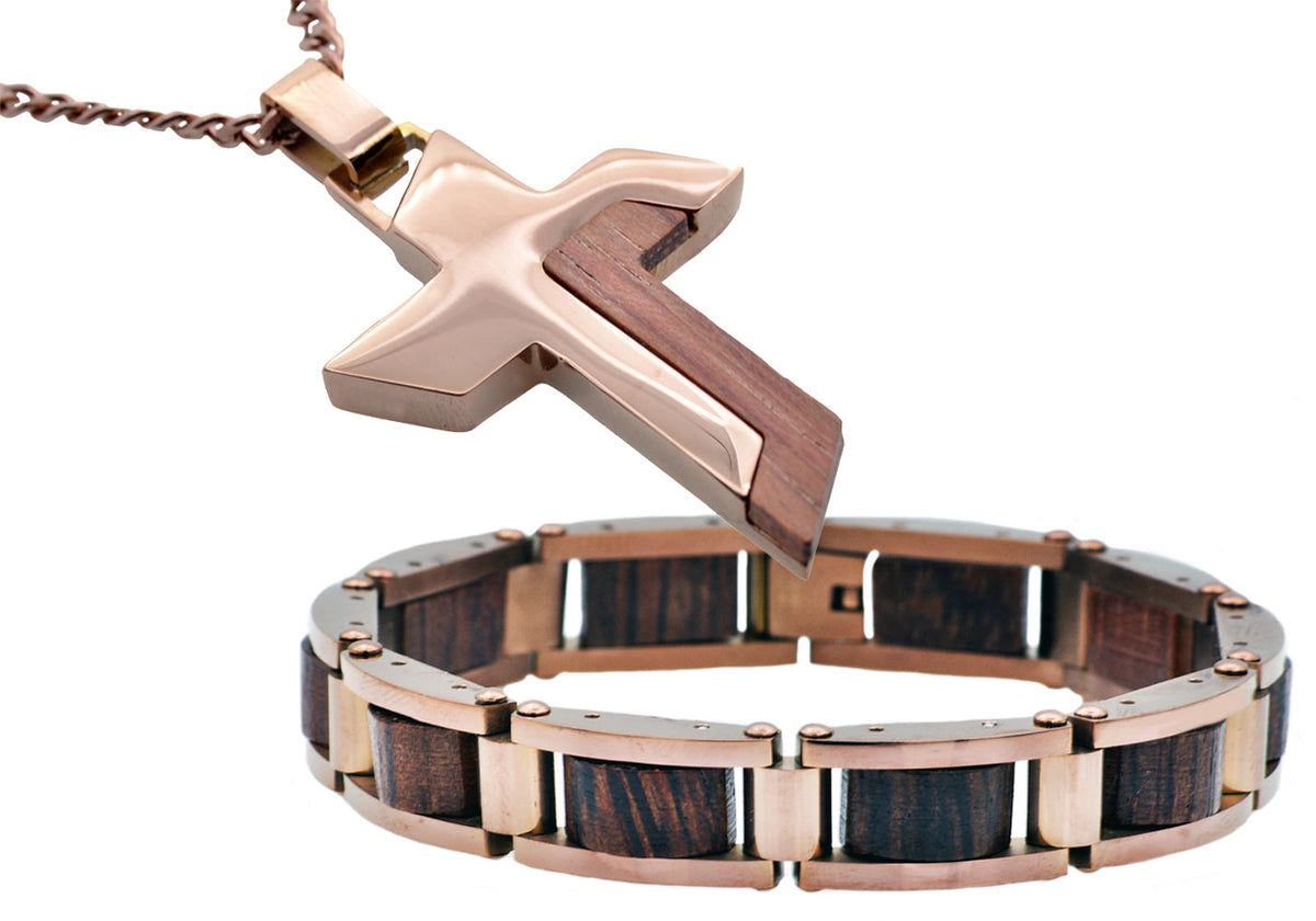 Mens Wood And Chocolate Stainless Steel Cross Pendant And Bracelet Set